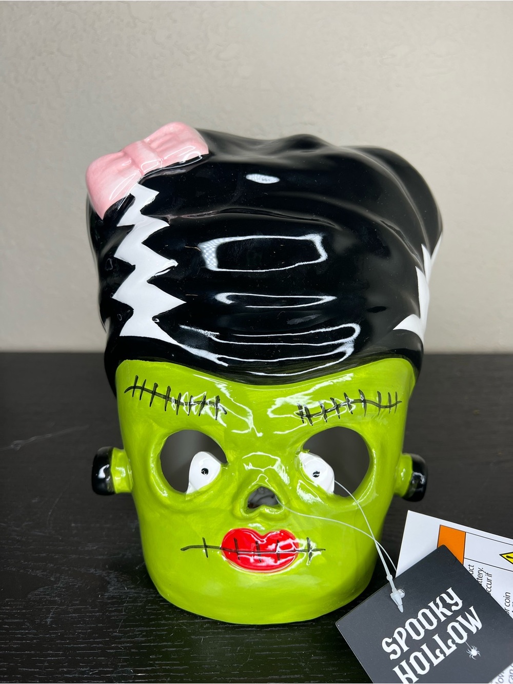NEW 8” Spooky Hollow Ceramic Light Up Bride of Frankenstein Head Decor